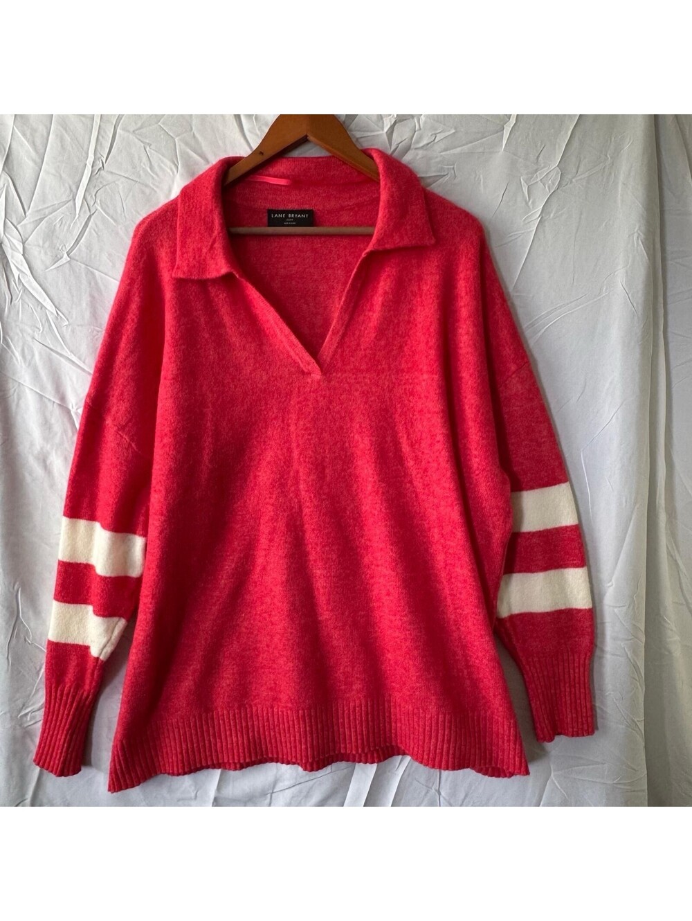 Lane Bryant Sweater 22/24 Red White Stripe V-Neck Collared Oversized